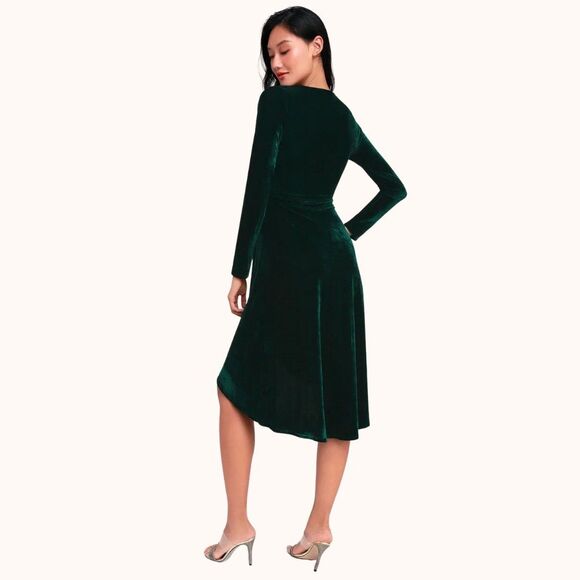 NWT Lulus Silver Screen Emerald Green Velvet Long Sleeve Midi Dress - Picture 3 of 5